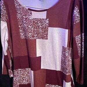 Stylish Burgundy and White Patchwork Long Sleeve Top